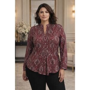 Talbots Woman Paisley Blouse with Sequins Burgundy Long Sleeve Curvey 2X